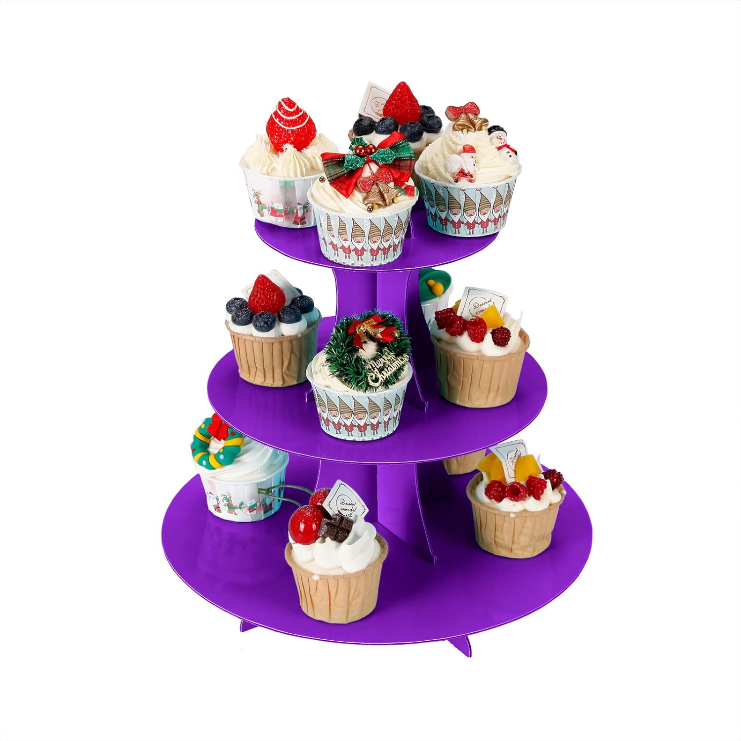 2 count 3-Tier Cupcake Stand, Cake Stand holder, Tiered DIY Cupcake Stand Tower for Dessert Table Displays, Birthday Theme Party Favors Decoration, Floral  Party, 12" W x 12.8" H, Purple