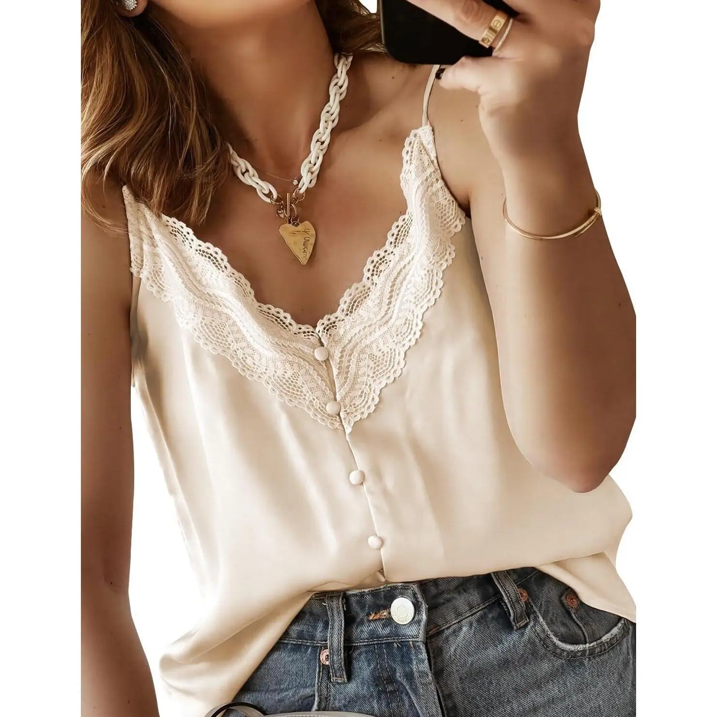 Women's Soft Silk Satin V-Neck Lace Trim Button-Up Adjustable Cami Top - Casual, Fit, Medium Length, Loose, Lightweight Sleeveless Spaghetti Strap Blouse