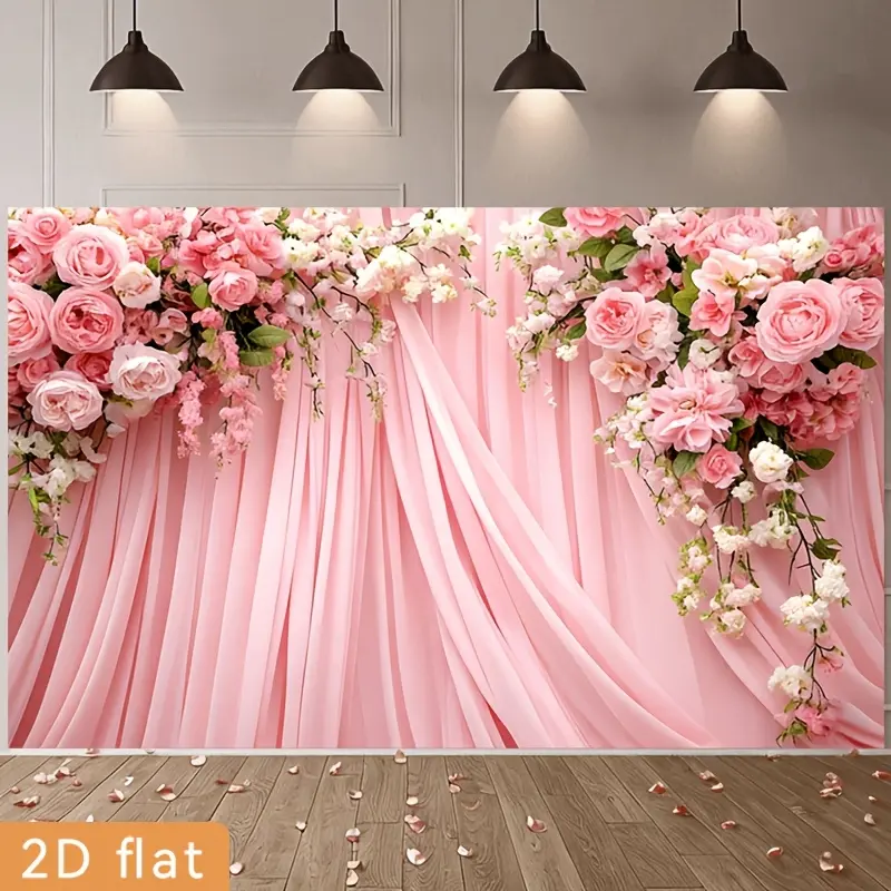 Pink Floral Polyester Drapery Wall Tapestry - Elegant Flower Banner, Wedding Photo Backdrop, Gift for Home, Holiday Party Decoration, Hanging