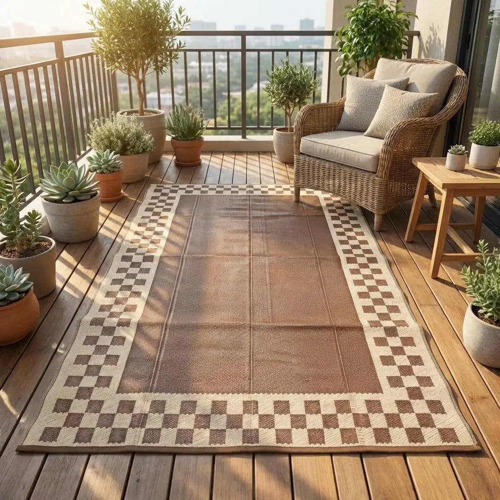 Simple Washable Modern UV Resistant Geometry Area Rug - Bordered Waterproof Easy to Clean Plastic Deck Mat, Stain Resistant Picnic Rug for Outdoor Camping, Beach, RV, Porch, Patio, Backyard