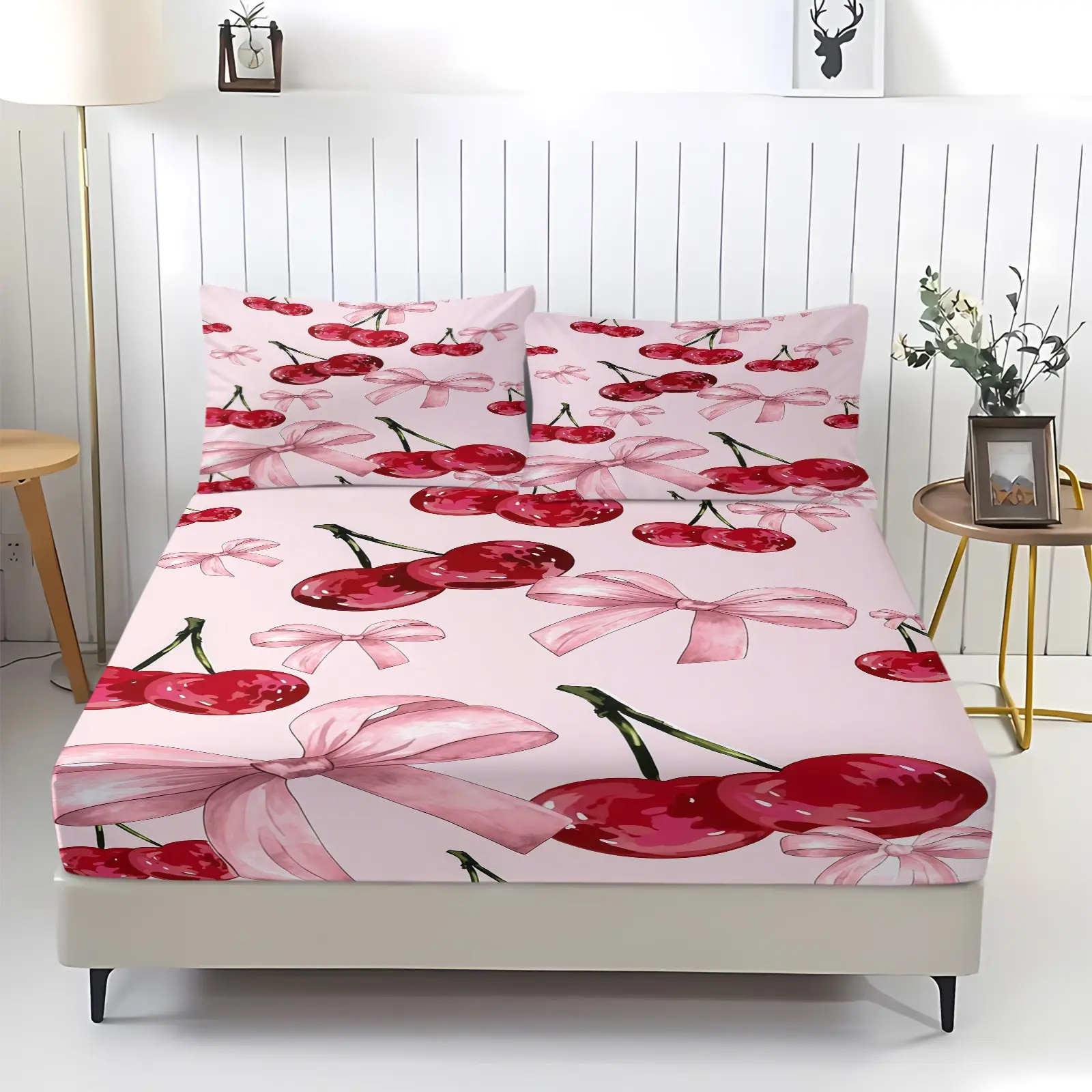 Cherry patterned bed sheet, including 1 sheet and 2 pillowcases, comfortable bedding, non slip dust cover suitable for bedrooms and guest rooms, suitable for children or adults as gifts