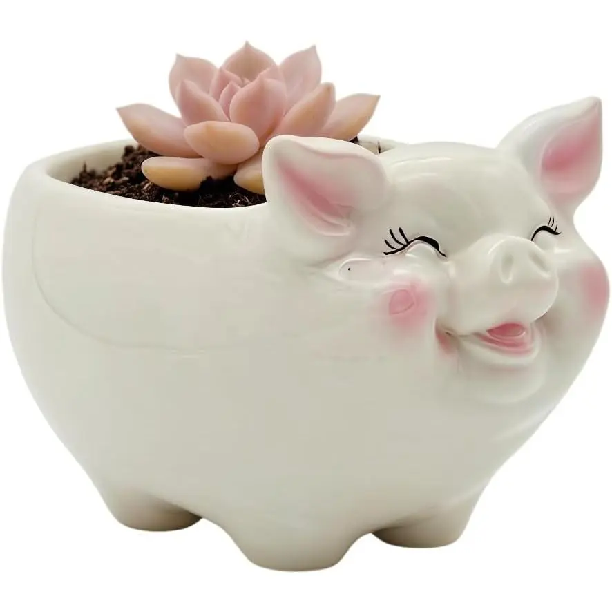 Cute Pig-Shaped Ceramic Plant Pot, Medium Indoor Succulent & Cactus Planter with Smooth-Flow Drainage Hole (White, Plant Not Included), Medium Size