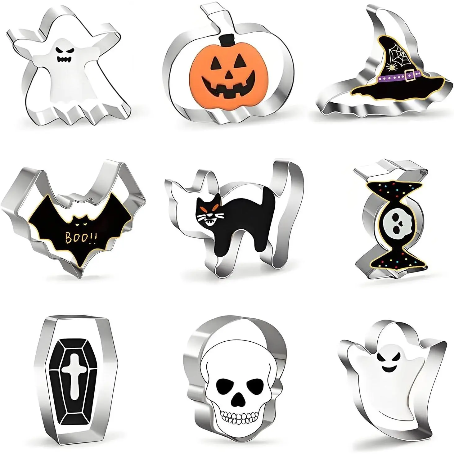 Halloween Cookie Cutters Set, 9- Metal Cookie Cutters - Stainless Steel , Including Pumpkin, , Coffin, Bat,  Hat, , Candy, Skull, for Halloween  Decor
