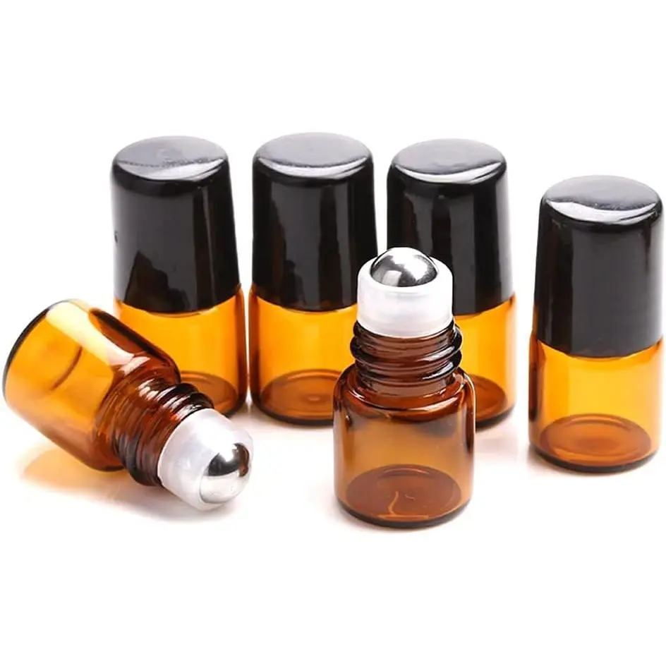 25 Pack 1ml Amber Glass Roll-On Bottles for Essential Oils, Perfume Vials with Stainless Steel Roller Balls, Black Caps, Mini Sample Vials for Cosmetics, Small Travel ContainersGift