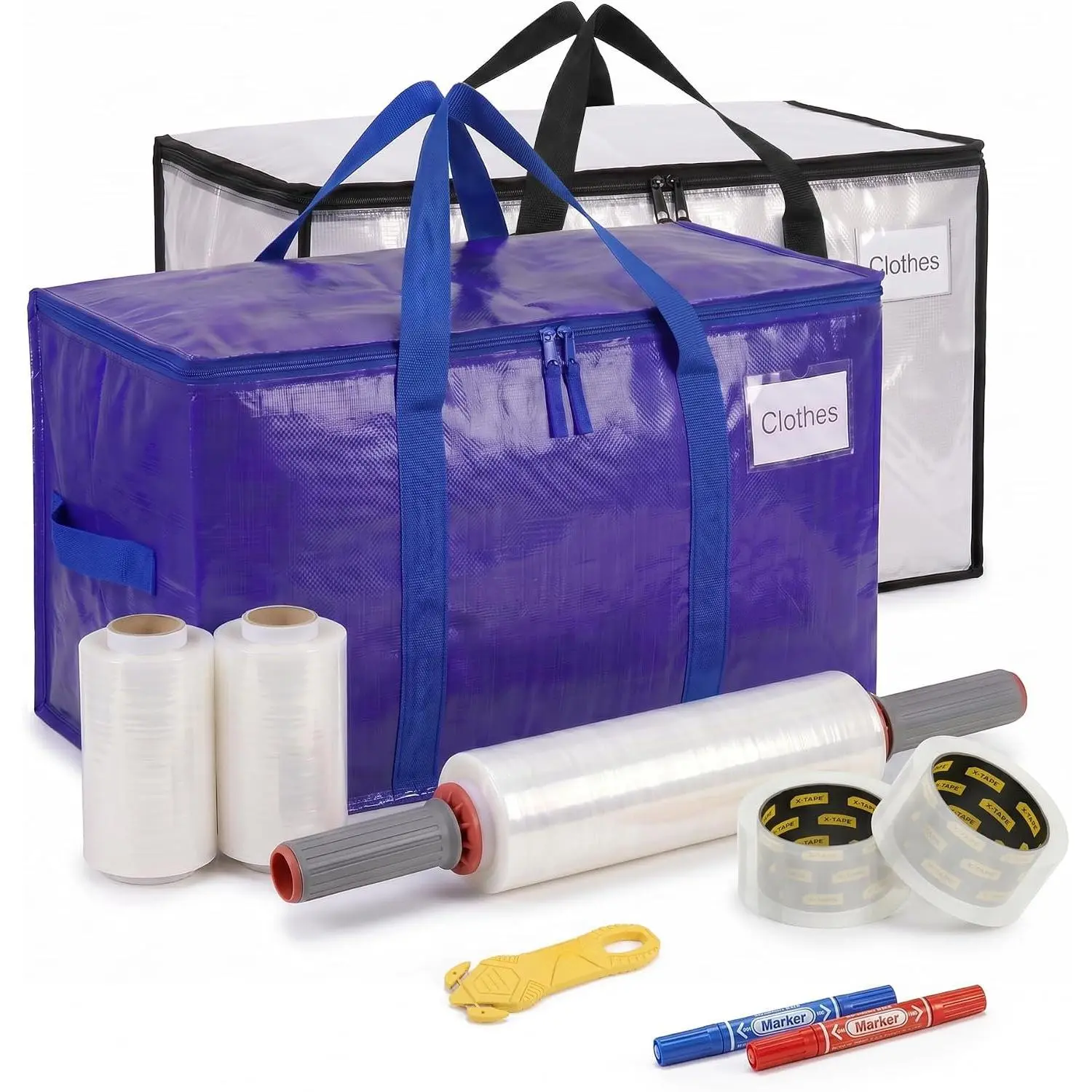 Complete Moving Supplies Kit with 2 Heavy Duty 90L Moving Bags, 3 Stretch Wrap Rolls, 2 Packing Tape Rolls, 2 Rotating Handles, Safety  & Markers – Furniture Protection & Storage