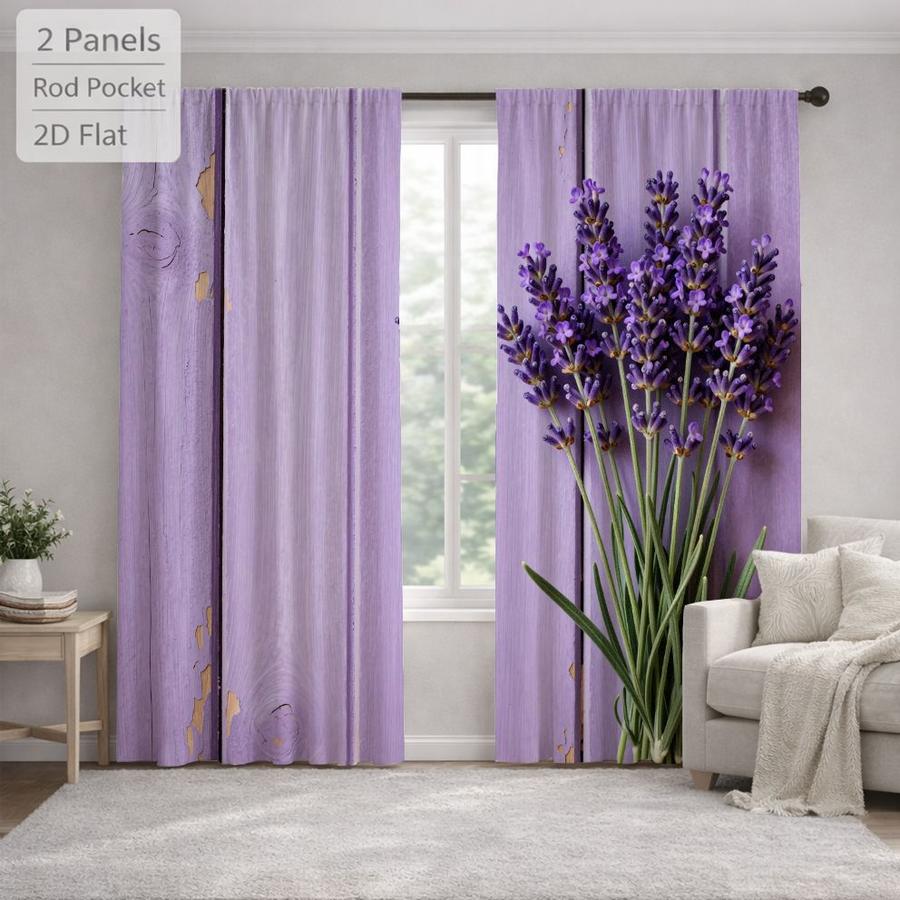 2Pcs Romantic Purple Lavender Floral Wooden Board Sun Blocking Curtains Digital Printed Rod Pocket, Window Treatment For Bedroom Office Kitchen Living Room Study Home Decor