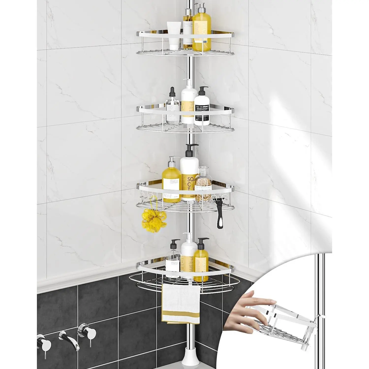 Silver Rustproof Functional Tension Pole Shower Corner Caddy Organizer, 4 Adjustable Corner Mount Shelves, 34-116 in Height for Bathroom Bathtub Shampoo Accessories Storage