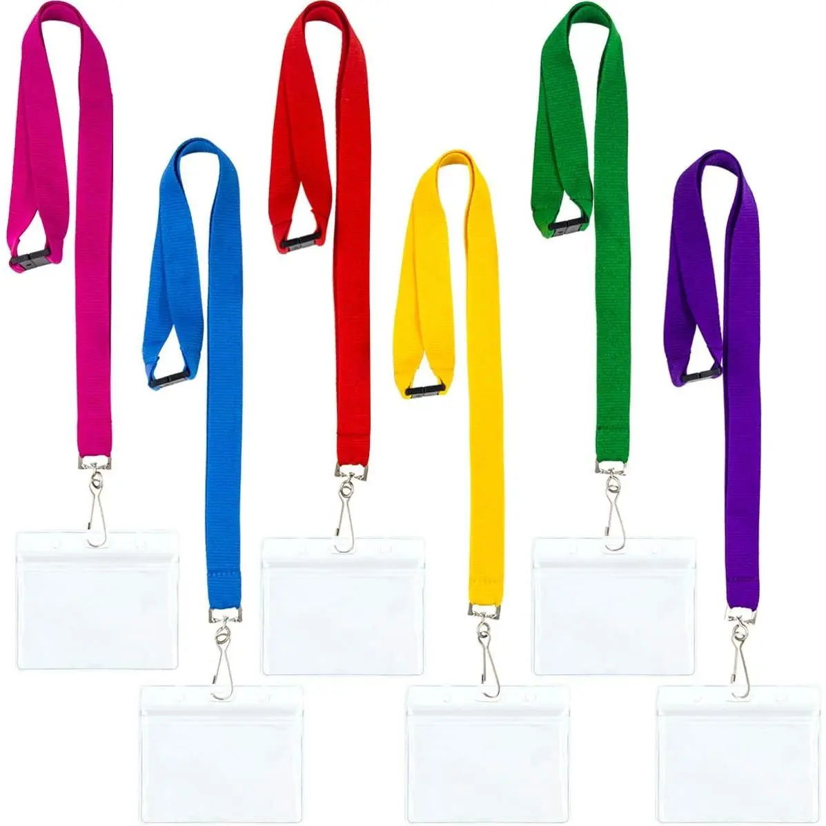 DIY Hall Pass Lanyards with 34" Polyester Straps, Buckle, 3.7” x 2.5” Synthetic ID Badge Card Holders, Neon Colors, 6-Piece Set for Kids (Office Identification Supplies for ID Cards), Boys And Girls