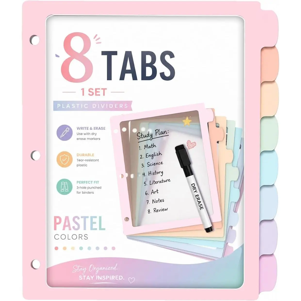 Pastel Binder Dividers 8-Tab Set, Cute Pink 3-Ring Binder Dividers with Write-and-Erase Tabs and Frosted Centers