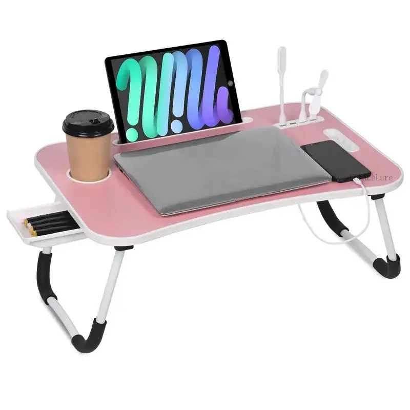 Laptop Bed Desk, Portable Foldable Laptop Table, Lap Desk Tray Table with 4 USB Ports, Storage Drawer and Cup Holder, for Bed/Couch Working, ReadingH6LaceLure