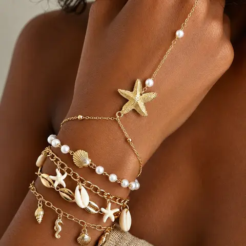 5pcs Boho Coastal Charm Bracelet Set for Women, Starfish Shell Conch Faux Pearl Layered Beach Bracelets, Beautiful Bracelets, Ocean-Inspired Stackable Wrist Jewelry, Summer Vacation Accessories, Resort Travel Gift, Hawaiian Beach Party Jewelry