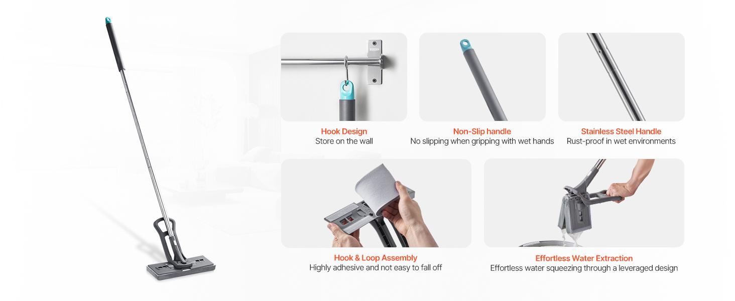 VEVOR Sponge Mop, High-Density PU Sponge Mop with 1 Pcs Sponge Mop Replacement, Easy to Squeeze Sponge Mop with Hook & Loop for Head Change, Fit for Various Floors’ Cleaning