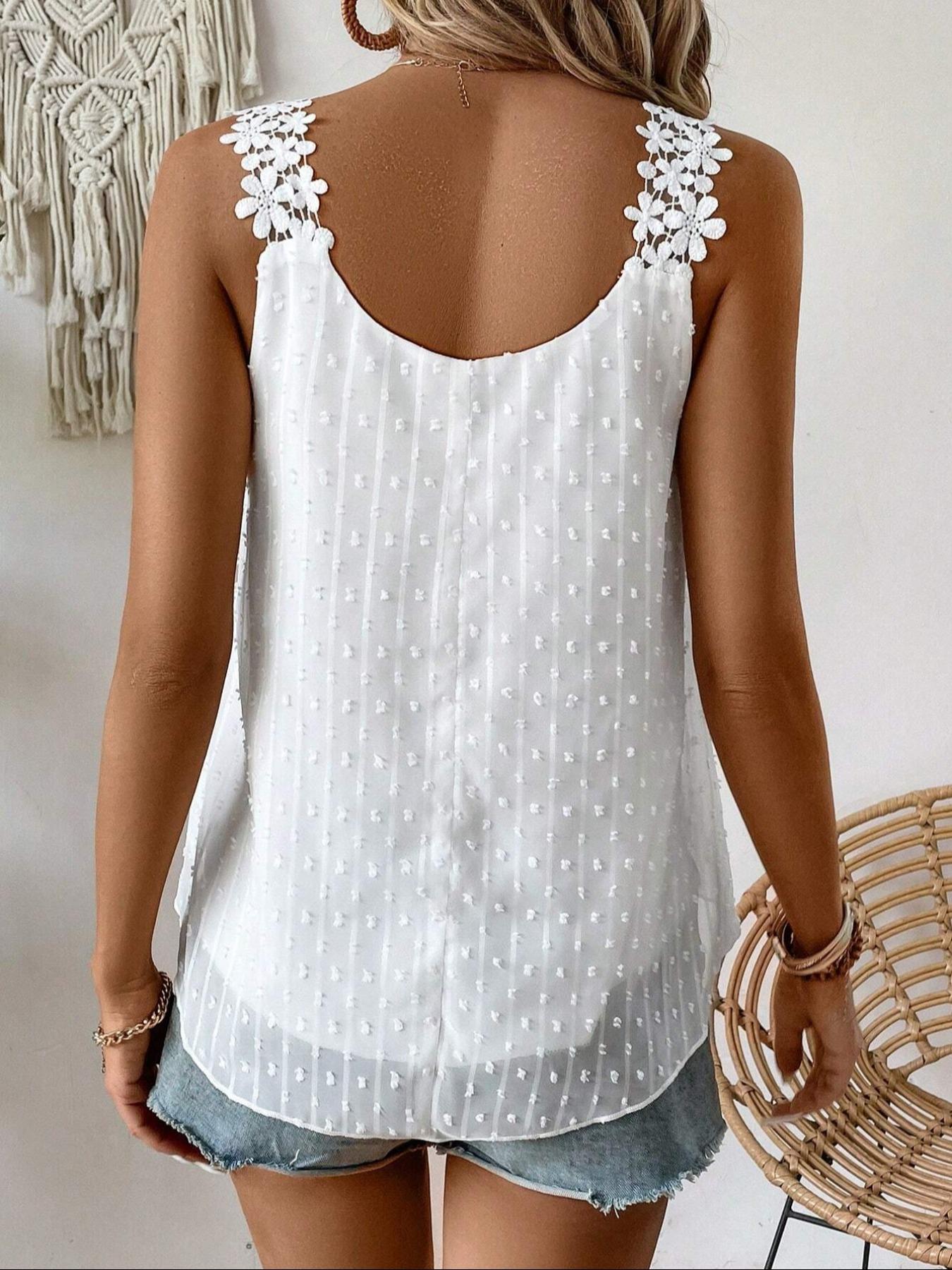Women's Floral Applique Patchwork Round Neck Tank Top Cami Spaghetti Strap