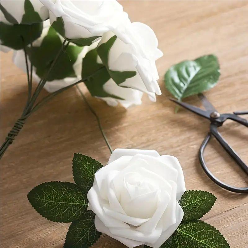 25pcs/Lot High-Grade White PE Rose Artificial Flower Head With Stem DIY Bouquet Wedding Party Decoration Scrapbook Supplies