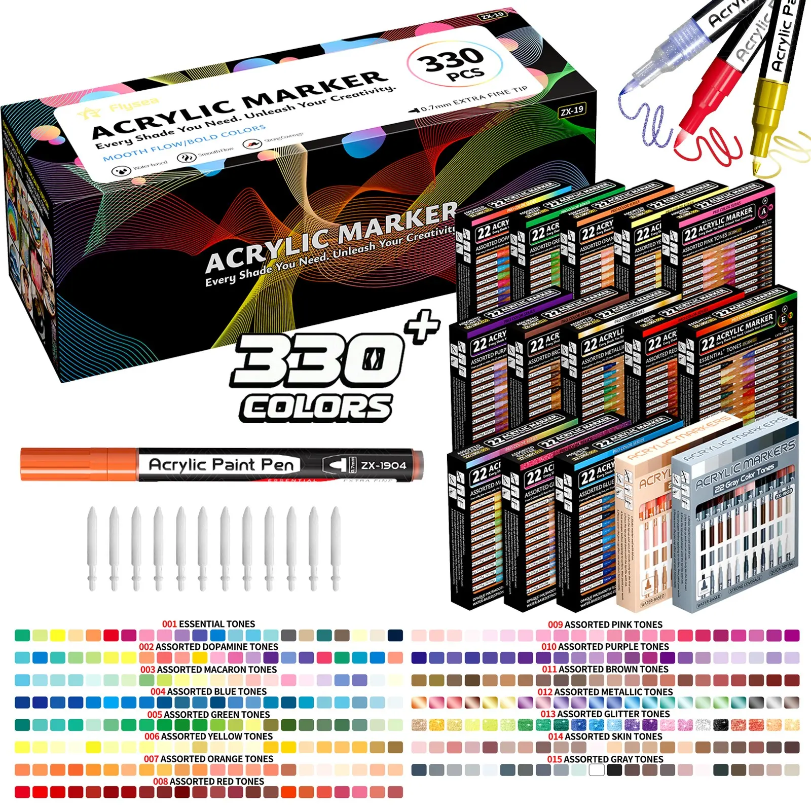 Flysea Acrylic Paint Marker Set, 330 Colors, 22 Colors Direct Liquid Markers, Fine Tip 0.7mm, Quick Dry, Suitable for Various Surfaces