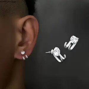 1–2Pcs Trendy Men’s Hip Hop Stud Earrings, Stainless Steel Synthetic Cubic Zirconia Inlaid Plain Piercing Jewelry, Minimal Shiny Male Ear Accessory For Daily Casual Streetwear And Hip Hop Outfit Matching