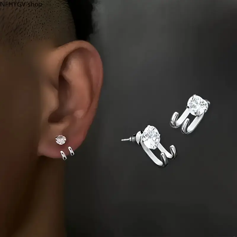 1–2Pcs Trendy Men’s Hip Hop Stud Earrings, Stainless Steel Synthetic Cubic Zirconia Inlaid Plain Piercing Jewelry, Minimal Shiny Male Ear Accessory For Daily Casual Streetwear And Hip Hop Outfit Matching