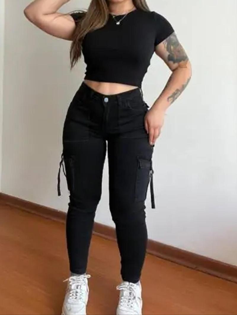 Women's Plain Multi-pocket Denim Cargo Pants, Casual Street Trousers for Everyday Wear, Ladies' Bottoms for All Seasons