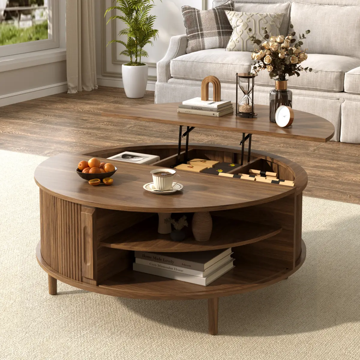 AobtkelU-Can Minimalist Round Top Coffee Table - Single Unit Furniture with Adjustable Height Lift-Top, Hidden Storage, Sliding Door, Solid Pine Tapered Legs, Wood Waves Finish, Round Coffee Table Living Room Furniture