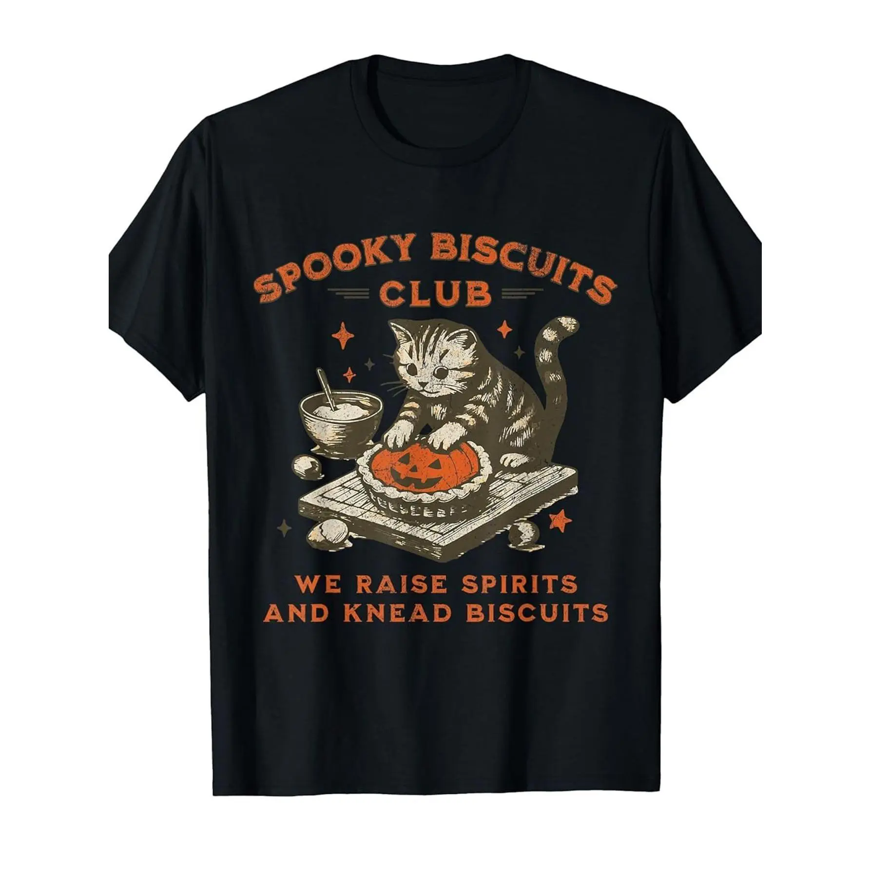 Spooky Biscuits Club Cat & Ghosts Baking T-Shirt - Funny Halloween & Baking Party Tee - Soft 100% Cotton Crew Neck Short Sleeve Shirt - Black with Orange Print - Sizes S-XXXXXL - Perfect Gift for Baking Lovers, Book Clubs, Themed Events
