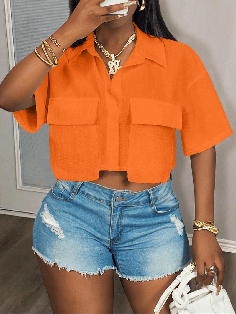 Women's Solid Color Short Sleeve Shirt, Casual Elastic Pocket Design Crop Top for Summer, Women's Clothing for Daily Wear, Casual Comfy Shirt