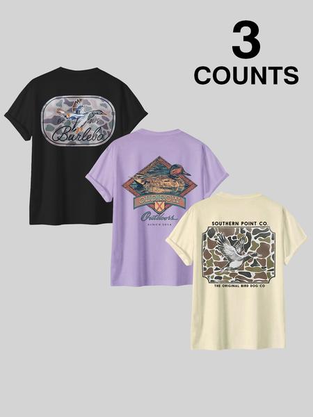 Men's Letter & Bird Print Round Neck Graphic Tee, Regular Fit Casual Short Sleeve T-shirt for Summer, Men's Top for Daily Wear, Tropical