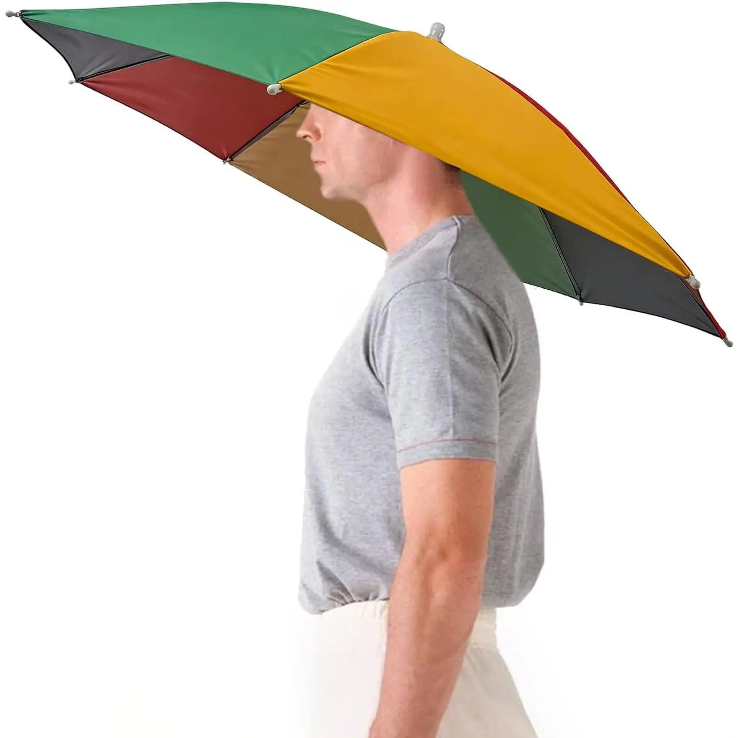 27'' Hands-Free Umbrella Hat, Adjustable Light Metal Compact Sun-Rain Hat with Comfortable Elastic Headband for Hiking, Fishing, Outdoor Adventures