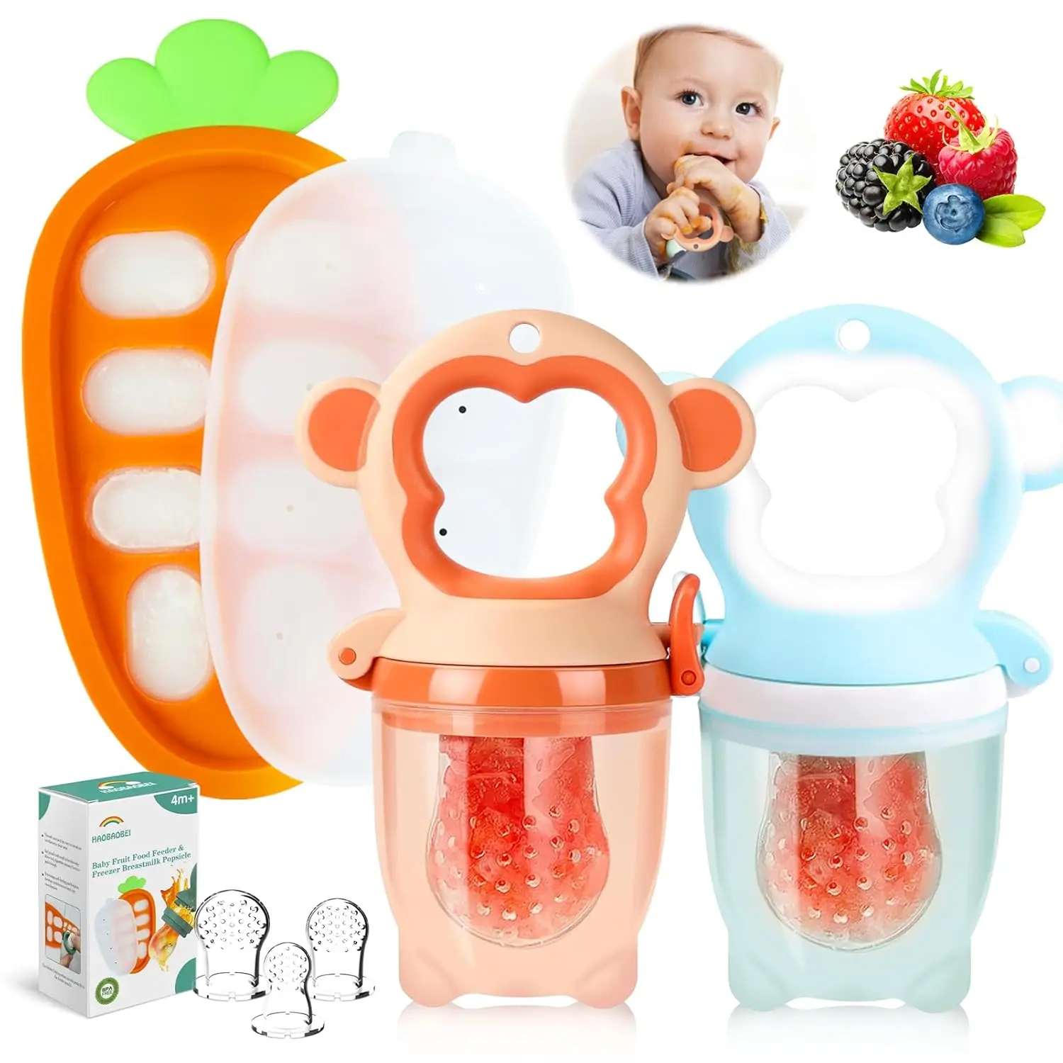 Baby Fruit Food Feeder - Silicone Nibble Tray Combo - Breastmilk Popsicle Mold  Cooling Relief, BPA Free Mesh Feeder  Infant Self Feeding (Monkey Blue Orange + Carrot)