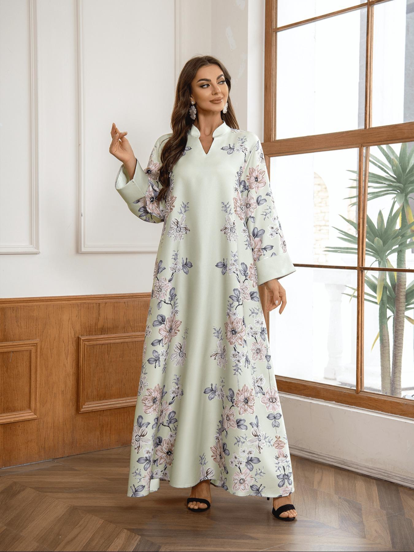 Women's Floral Print Long Sleeve Kaftan Dress, Elegant Fashion Casual Modest Style Dress for Daily Outdoor Wear, Women's Islamic Clothing for All Seasons, Classy Modest Dresses, Modestdresses