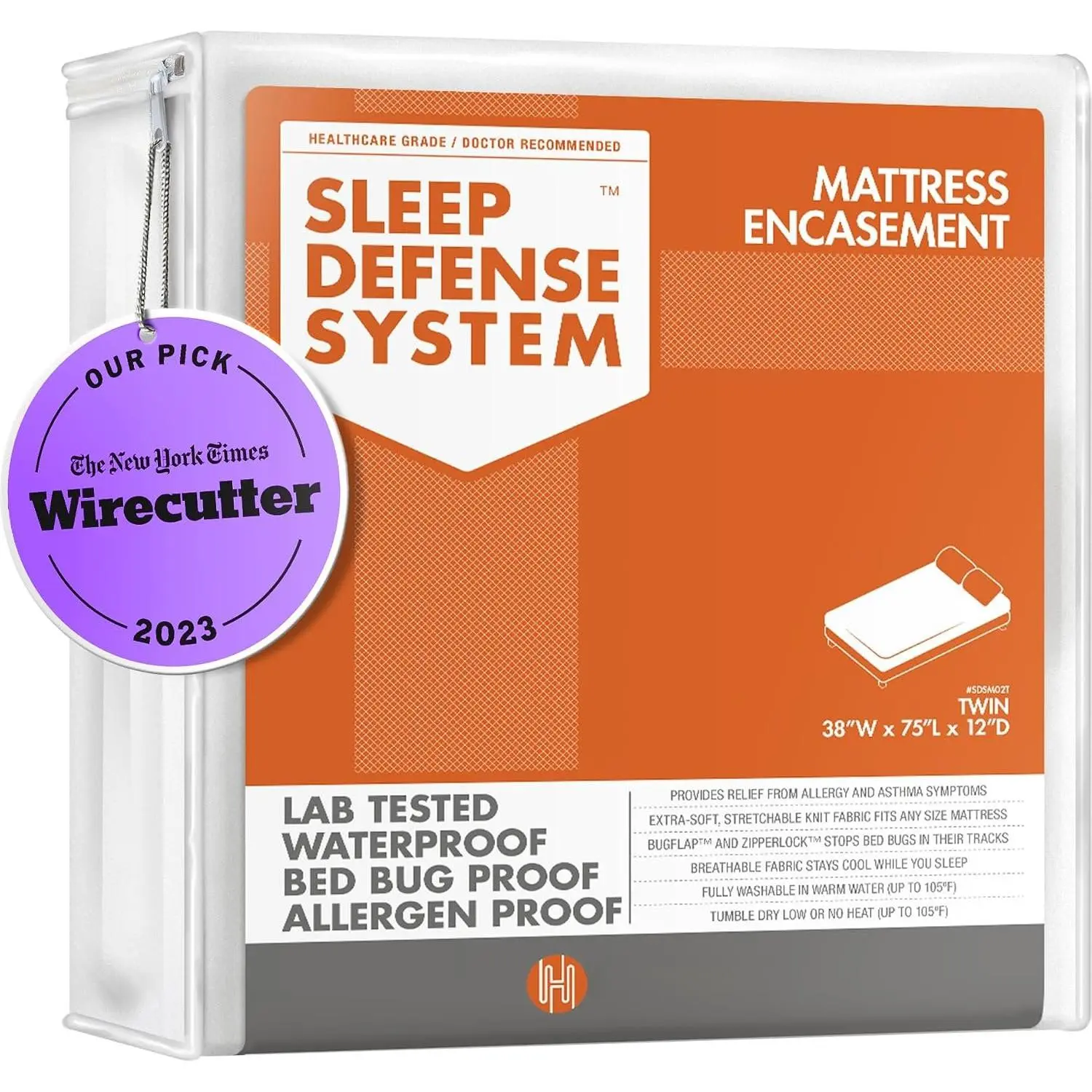Stretchable Zippered Mattress Encasement - Synthetic Fabric, Allergy Relief, Standard Size 12" Depth, 38" W x 75" L - Sleep System Compatible, Stretchable Fit, One-Piece