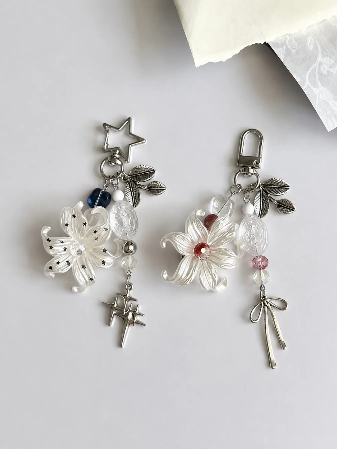 2Pcs Elegant Lily Bag Charm | Mother of Pearl Flower Keychain | Beaded Floral Purse Charm | Aesthetic Backpack Pendant | Cute Charms