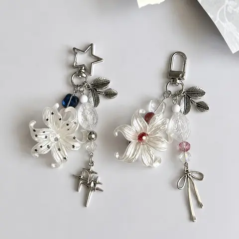 2Pcs Elegant Lily Bag Charm | Mother of Pearl Flower Keychain | Beaded Floral Purse Charm | Aesthetic Backpack Pendant | Cute Charms