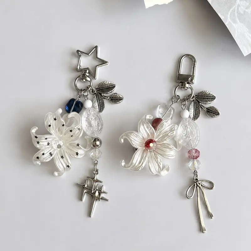 2Pcs Elegant Lily Bag Charm | Mother of Pearl Flower Keychain | Beaded Floral Purse Charm | Aesthetic Backpack Pendant | Cute Charms
