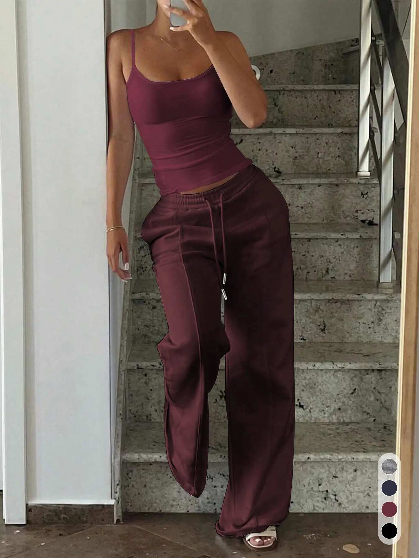 Solid Ribbed Backless Camisole & Sweatpants Set, Chic Aesthetic Minimalist Summer Sleeveless Spaghetti Strap, Stretch Slim Fit, Casual Home &, Two Piece Clothing Set