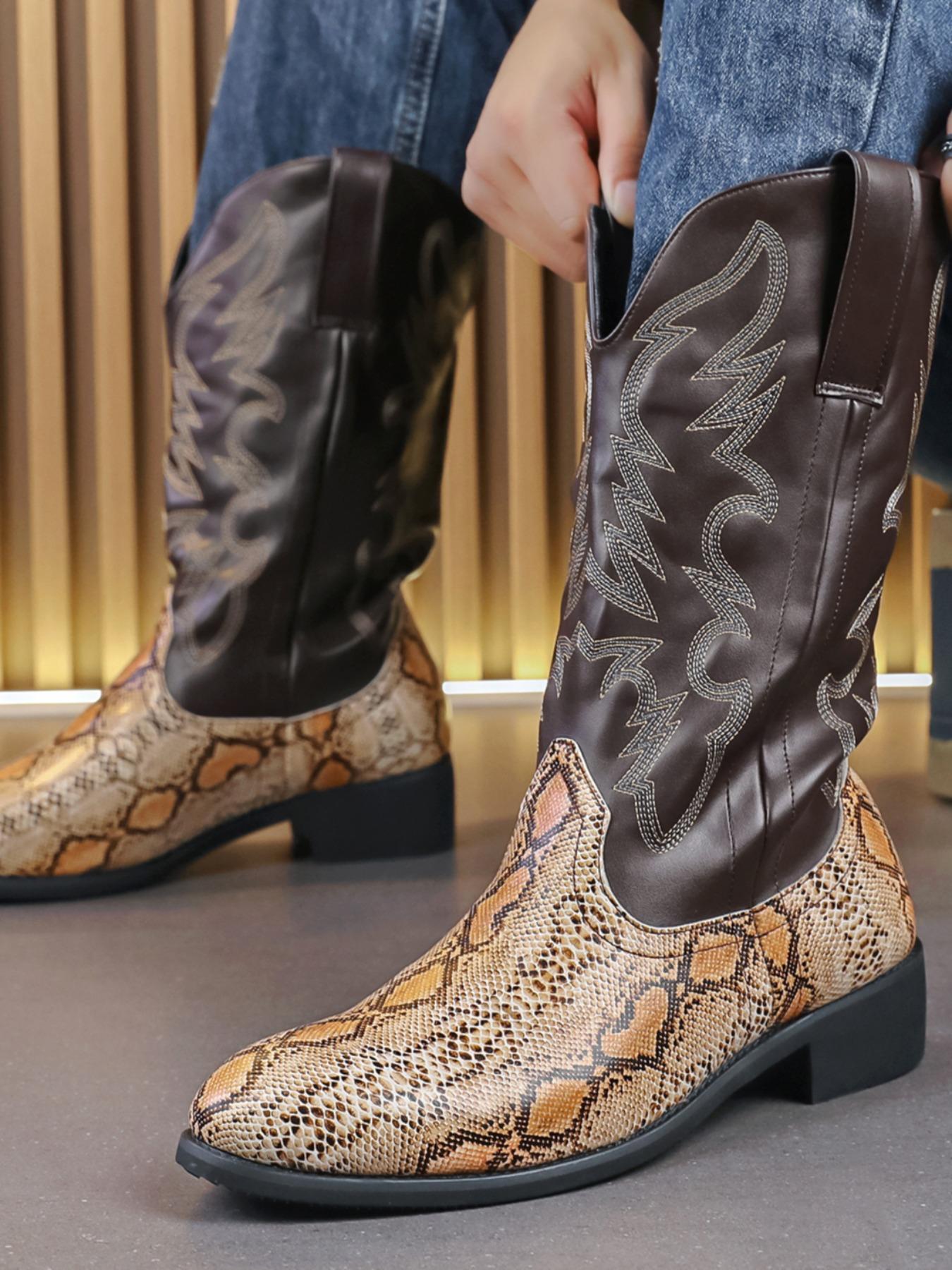 Men's Fashionable Snakeskin Print Embroidering Design Boots, Punk Style Cowboy Boots for Daily Wear, Western Embroidered Boots, Fashion Vintage Shoes for Party, Daily Clothing Decor Footwear