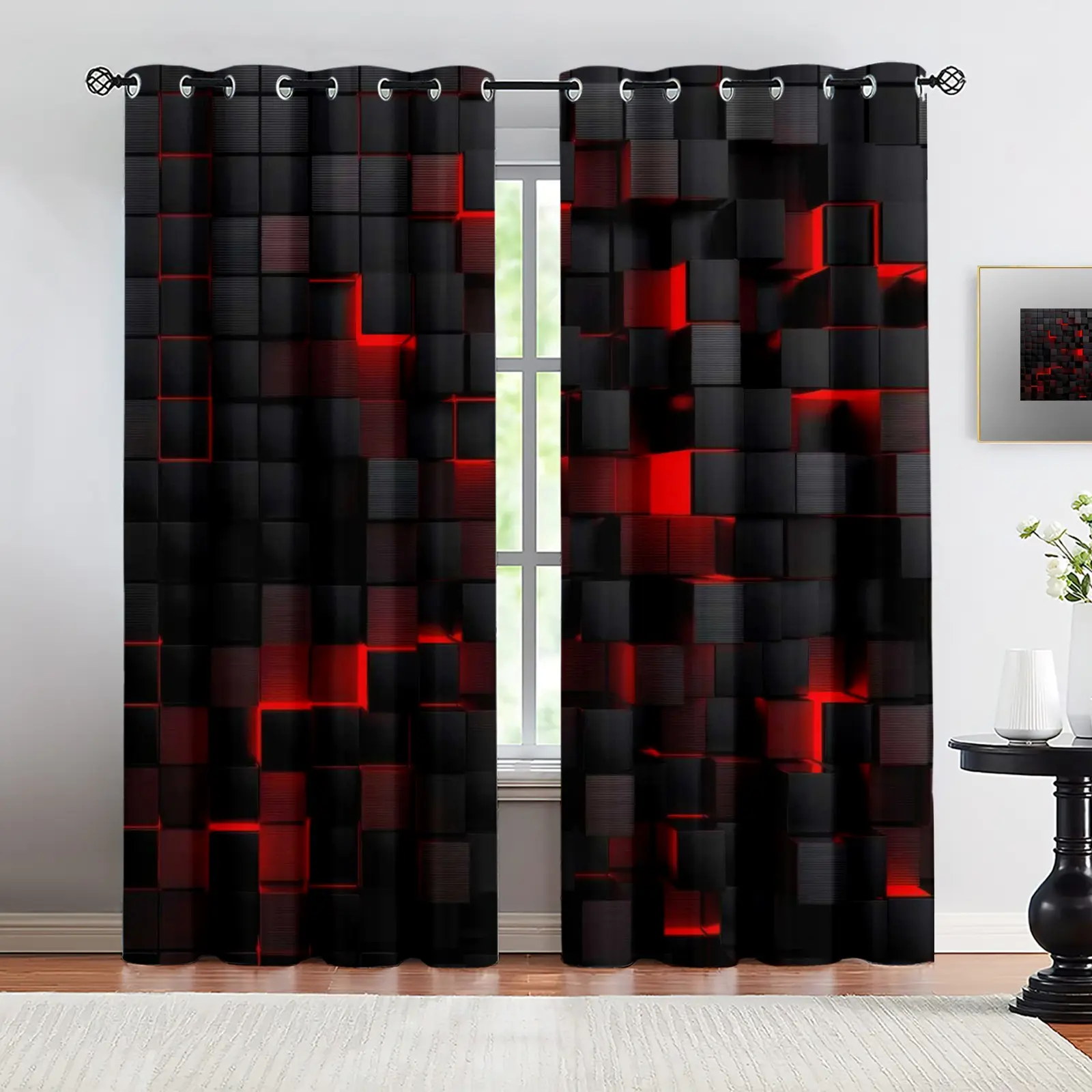2Pcs Thickened Light-Blocking and Heat-Insulating Curtains, Polyester Privacy Curtain, Red and Black 3D Cube Geometric Print Curtains, with Metal Perforations, Suitable for Teenage Boys' Gaming Bedrooms.