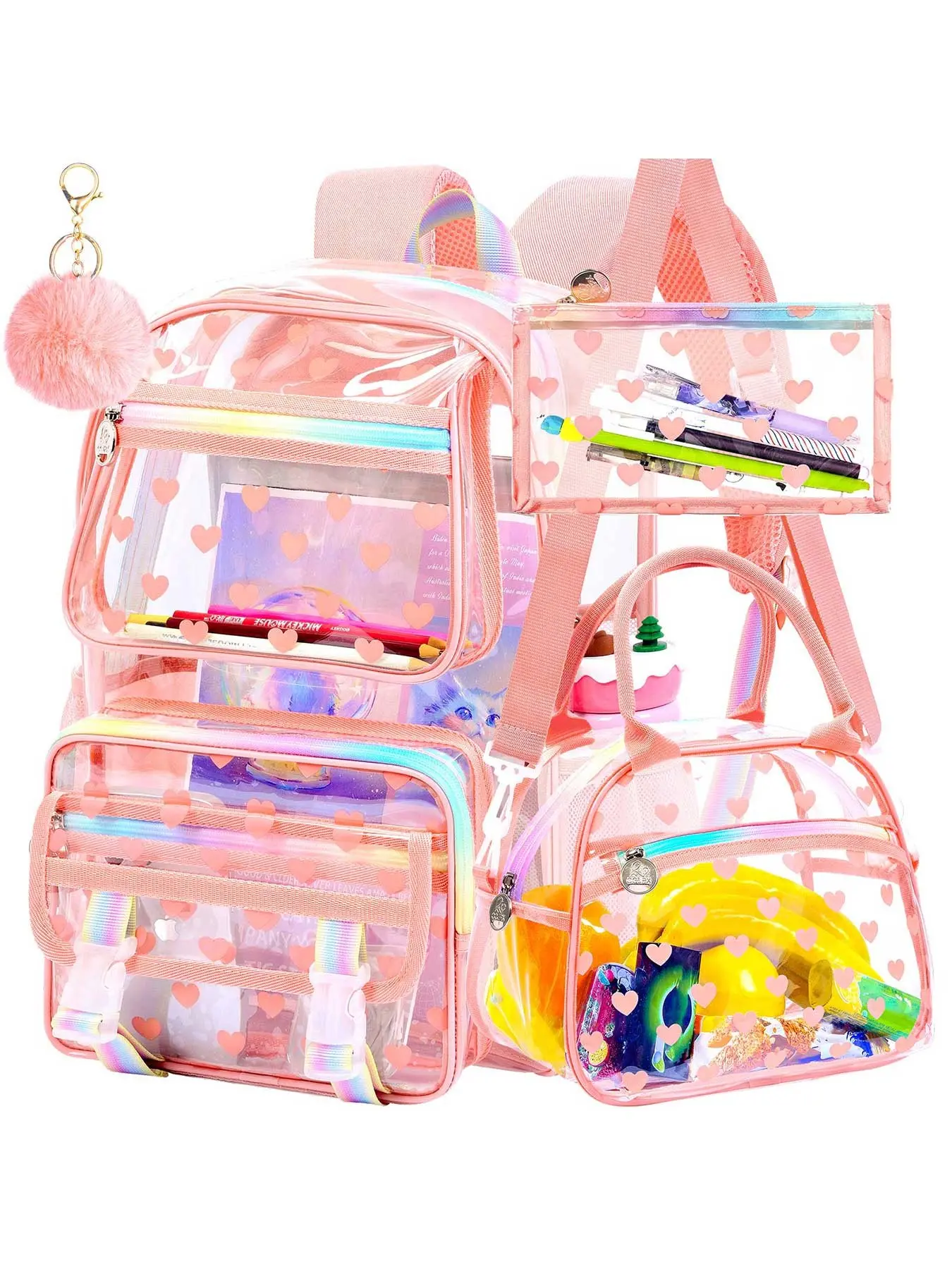 3PCS transparent backpack, heavy-duty girls' transparent schoolbag set, cute transparent ladies' schoolbag - Heart-shaped pink