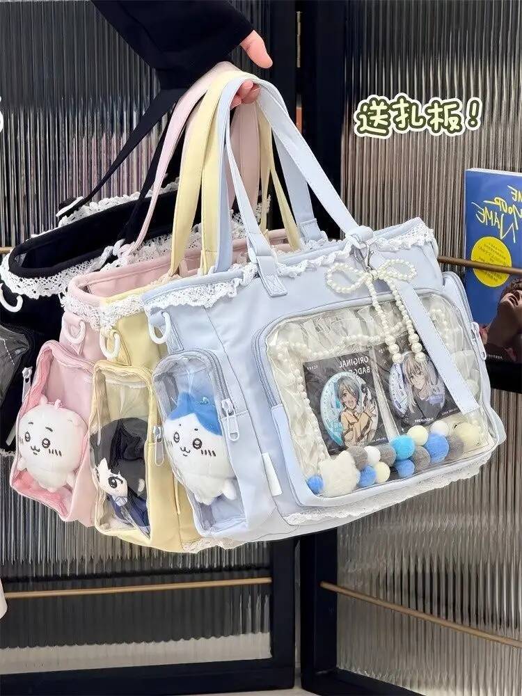 Japanese Sweet Women Ribbon Ita Bag Fashion Large Capacity Tote Bag Aesthetic Shoulder Bag Cute Lolita Girl Transparent Handbags
