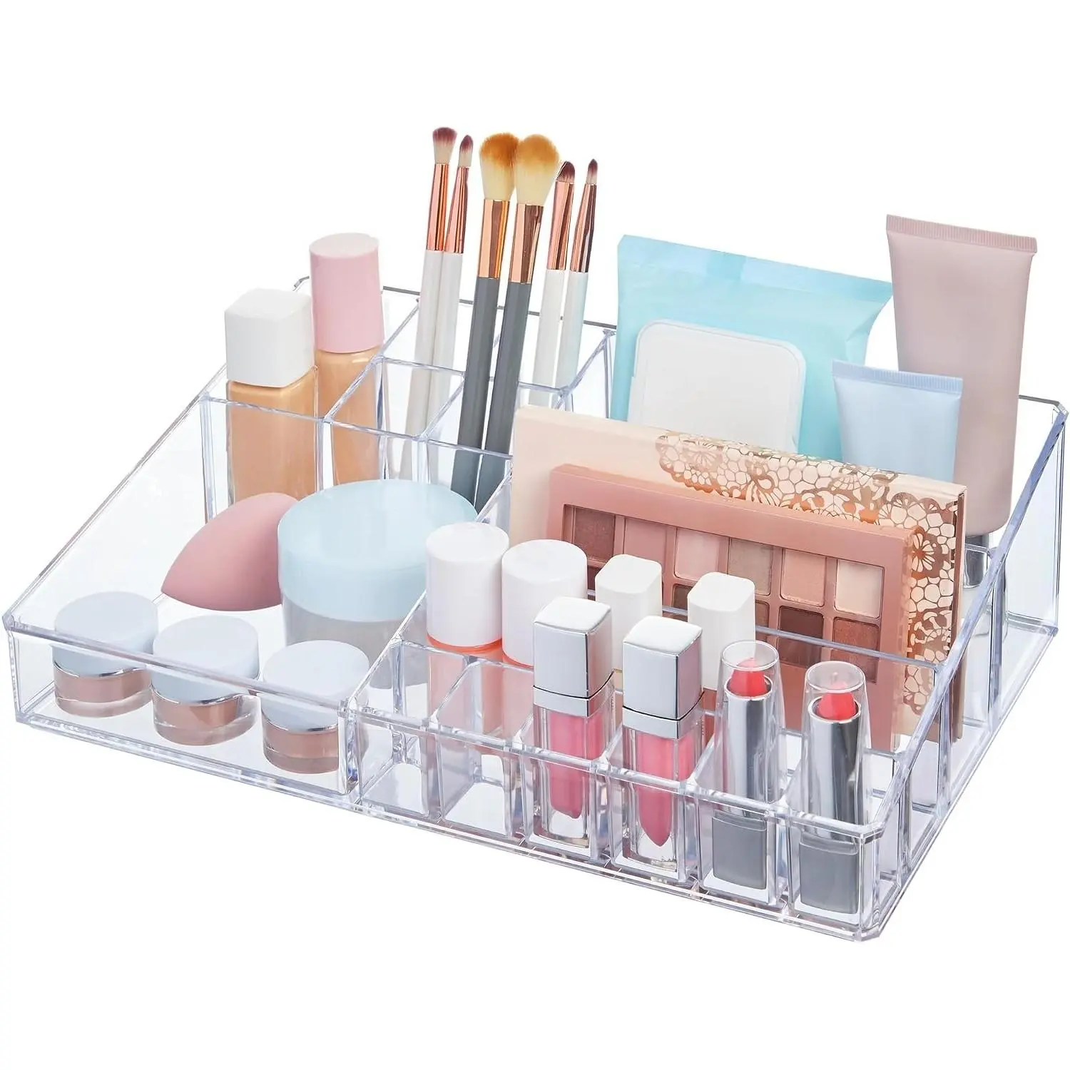 15-Compartment Clear Vanity Makeup Organizer for Brushes, Eyeshadow Palettes & Beauty Supplies | Stackable on Storage Drawers | Made in USAGift