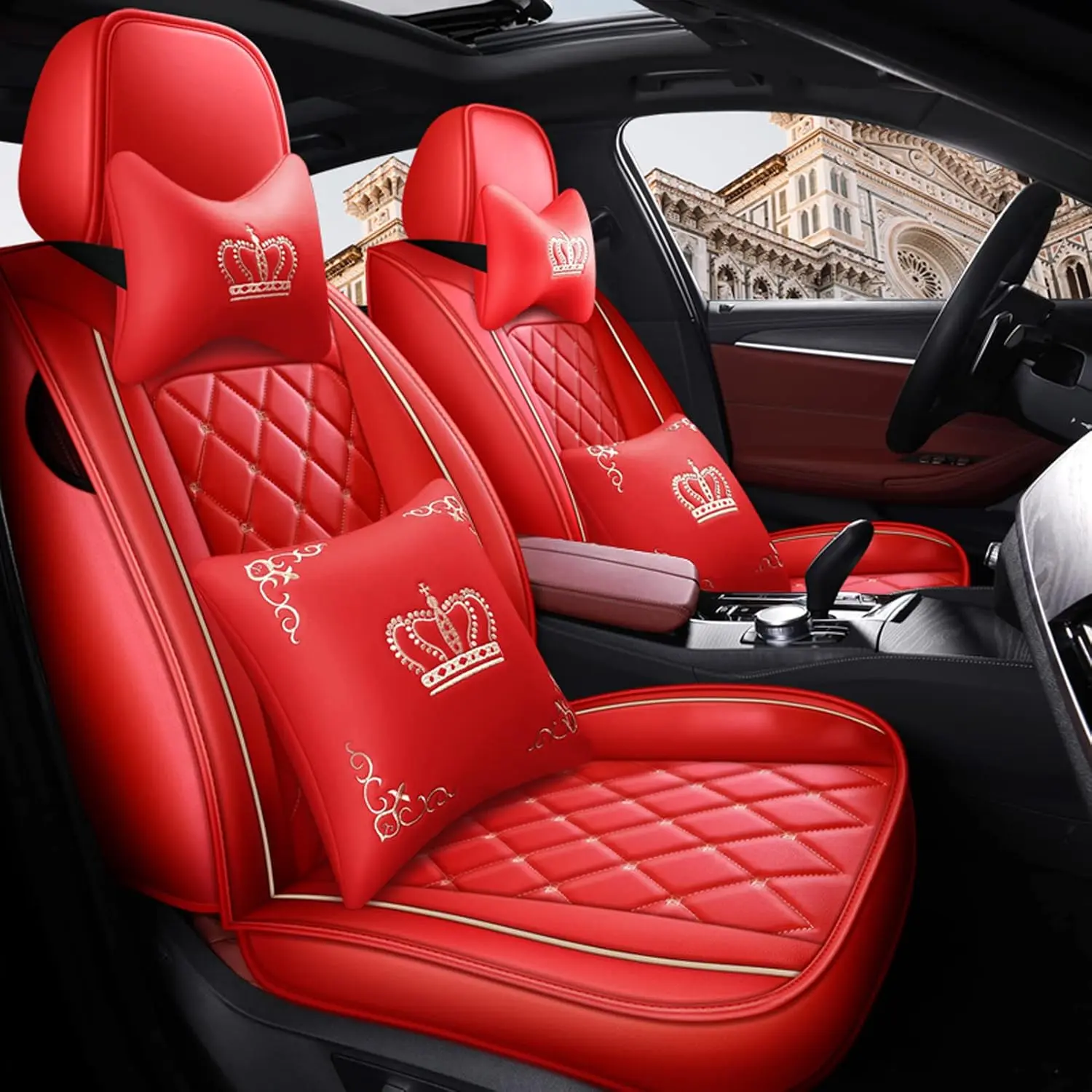 Crown  Seat Covers Full Set,  Leather  Anti-Slip Automotive Interior Protector for , SUVs, Pickup,  & Sedans (Red)