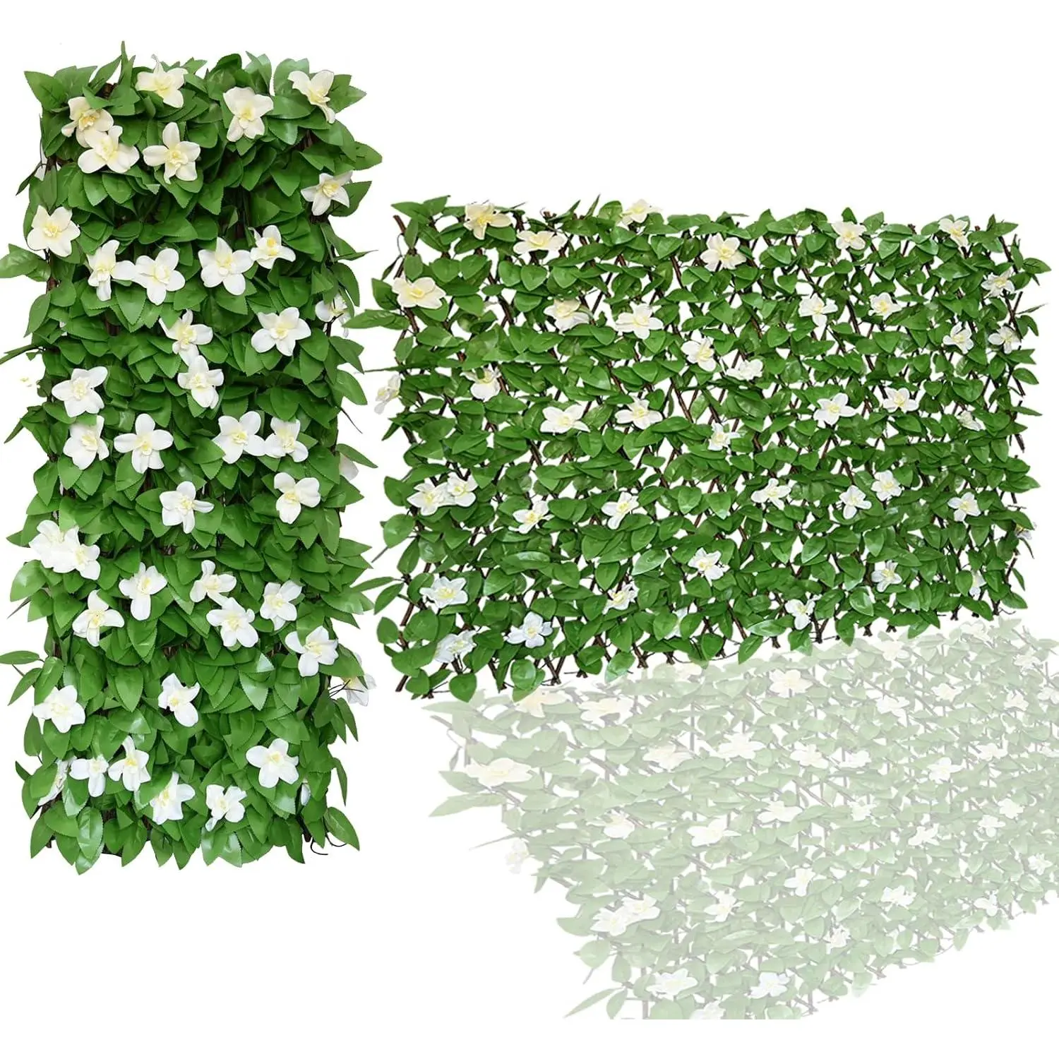 11×52 Inch Multi-Size Polyethylene Expandable Synthetic Ivy Fence - Single-Sided Leaves Artificial Screen with Anti-Ultraviolet Function, White Flower Ornament Decorative Fences for Outdoor Shade & Cool Wall Decoration (1)