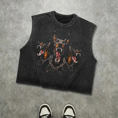 Men’s Vintage Washed Cropped Tank Top, Doberman and Chain Graphic Vest, Y2K Punk Streetwear, Black Top, Menswear