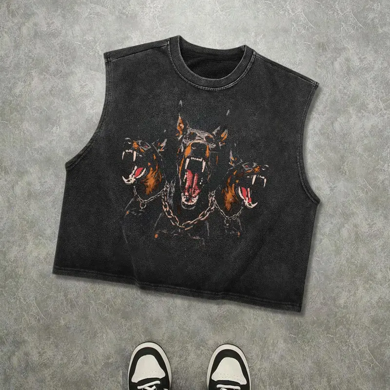 Men’s Vintage Washed Cropped Tank Top, Doberman and Chain Graphic Vest, Y2K Punk Streetwear, Black Top, Menswear