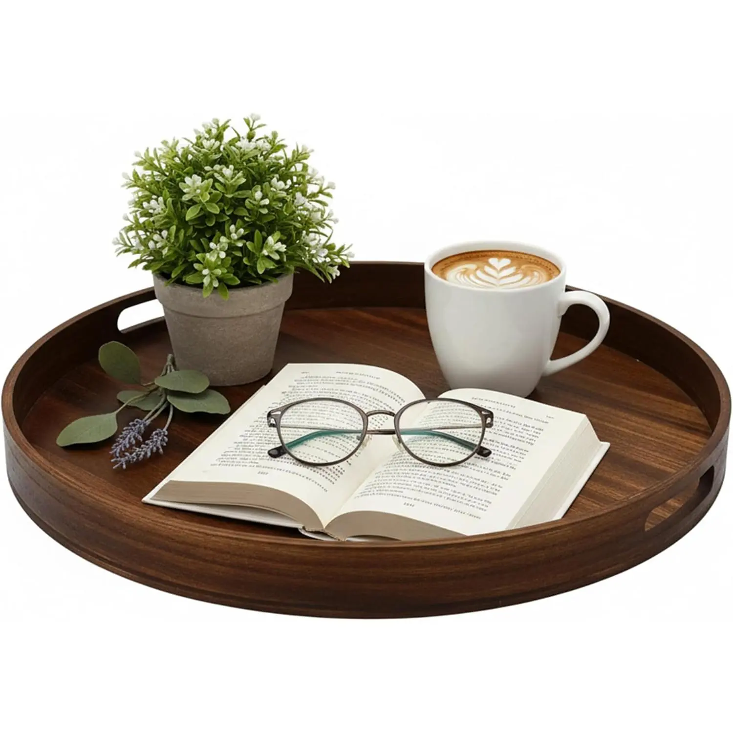 Large Round Wooden Coffee Table Trays 20" - Multi-Functional Home Decor Ottoman Serving Platter Carbonized Black