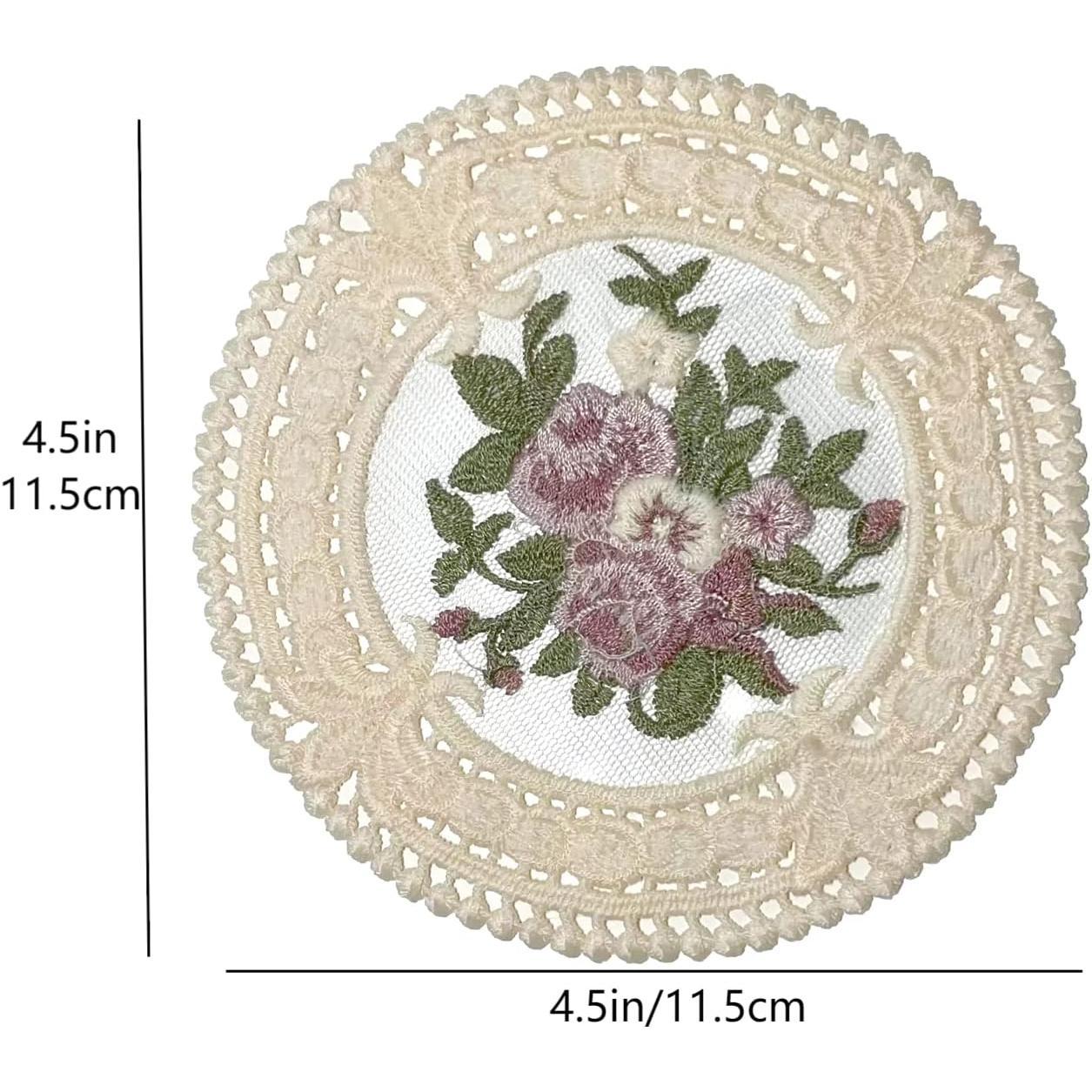 4.5" Embroidered Fabric Coasters, 8 count for Ceramic Cup,  Lace Embroidery for , Soft Floral Doilies for , Wedding, Tabletop Photography Decoration (Beige)