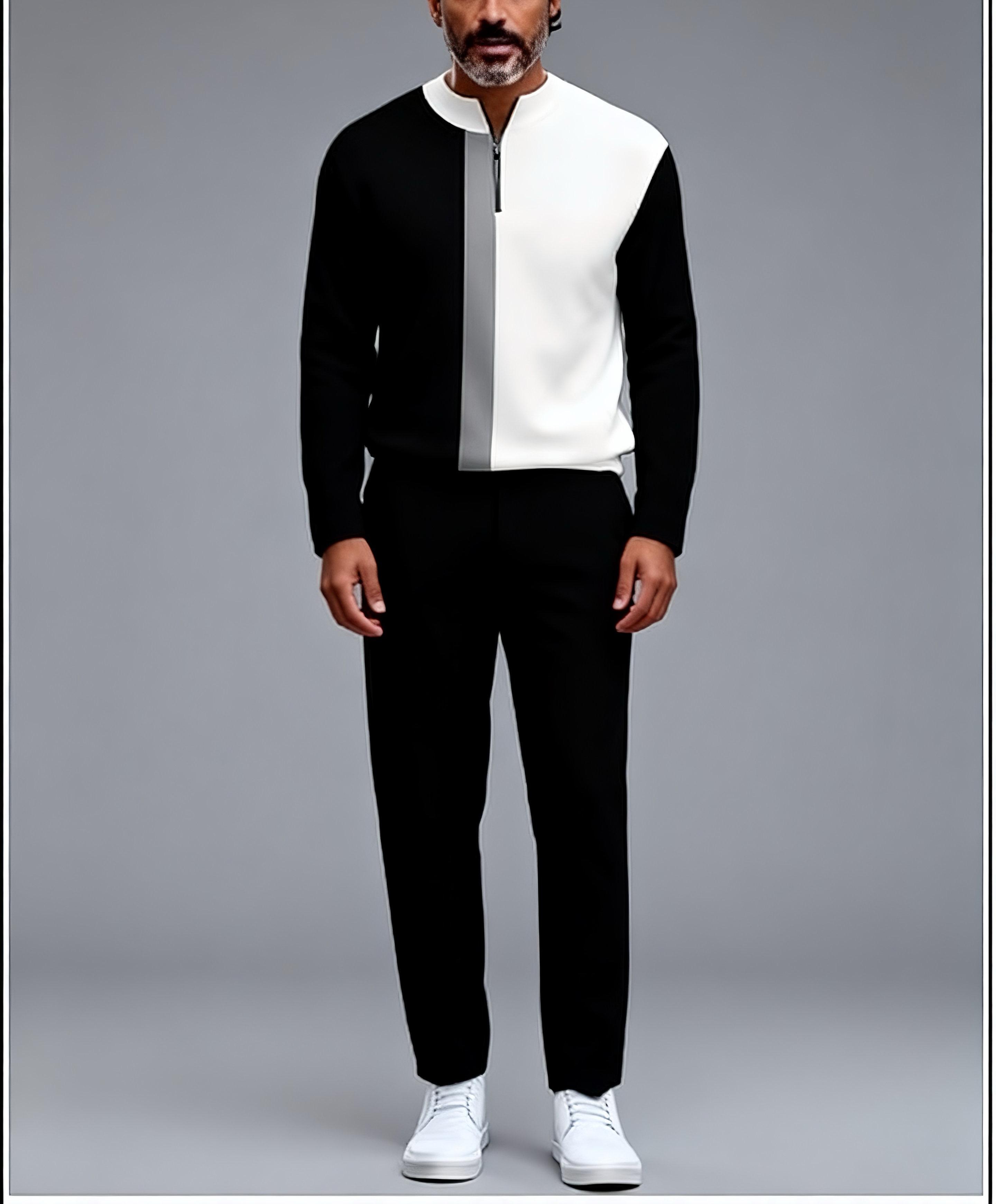 Business casual fashion men's digital printed sportswear set, featuring a street-style patterned digital half-zip sweater + pants, a two-piece men's outfit