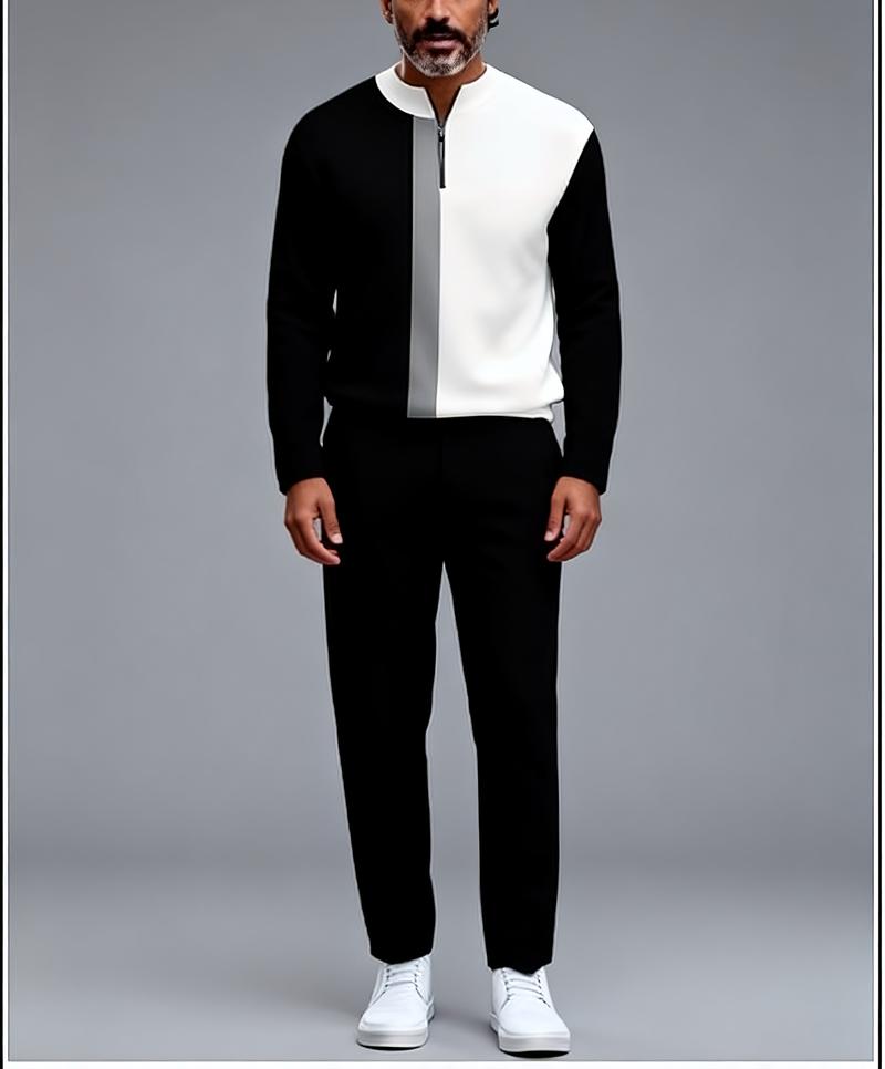 "New European and American men's sportswear set, featuring a half-zipper top paired with matching pants, and a trendy design with a sleeve patch featuring the number 5. The fabric is comfortable, suitable for daily street wear, casual commuting, and effor