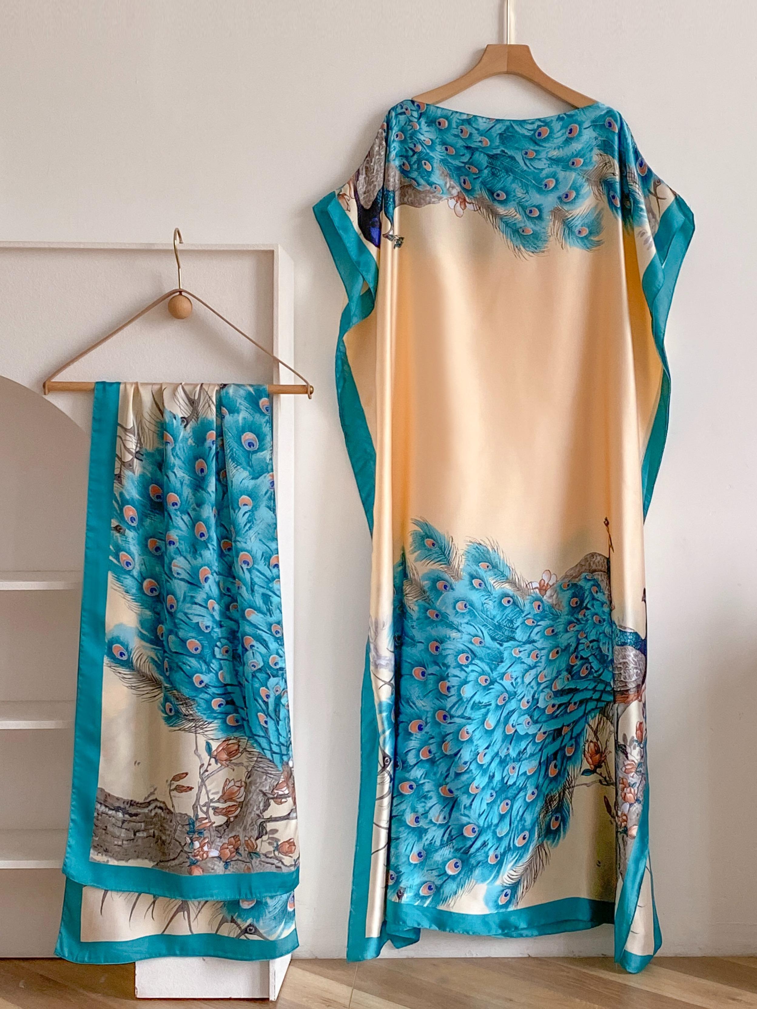 Women's Fashion Print Long Robe Set, Matching Moomoo Dress + Scarf Headband, Casual Woven Fabric, Thin All-Season Wear, Beach Sun Protection