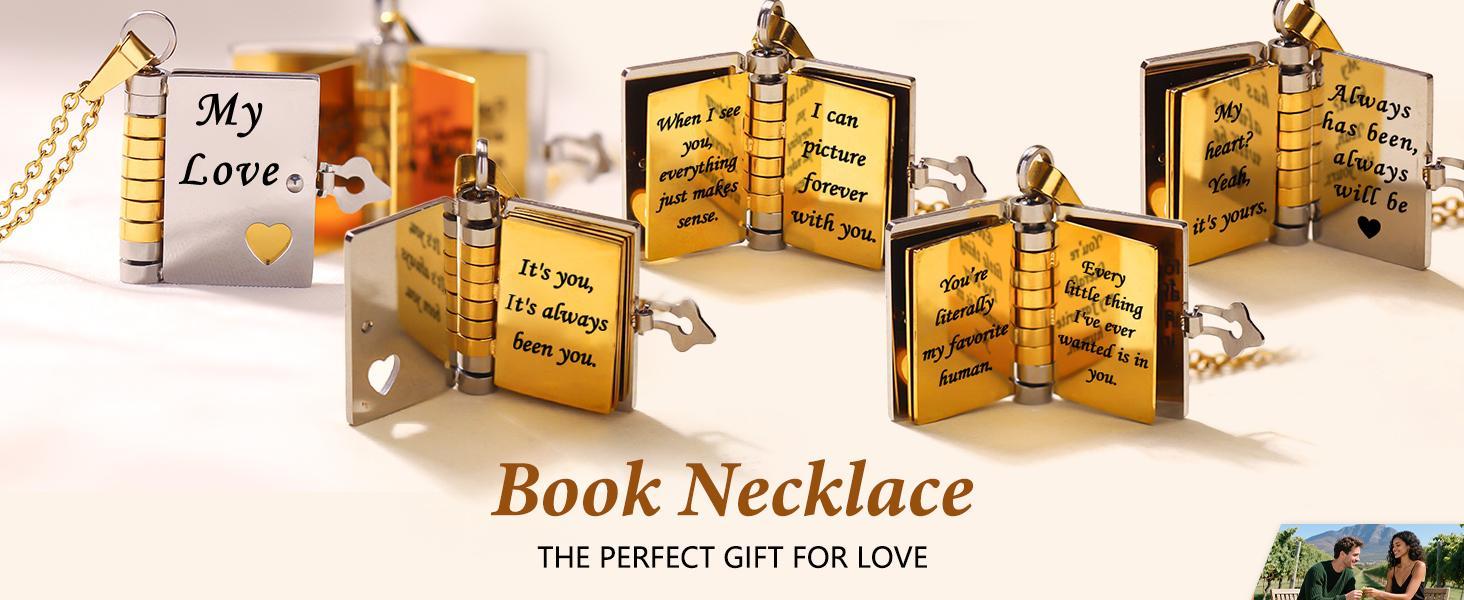 Couple Jewelry My Love Book Necklace – Flip Open Pendant Filled with Love Notes, Every Little Thing I’ve Ever Wanted Is in You, Perfect Present for Girlfriend, Boyfriend, Wife or Husband
