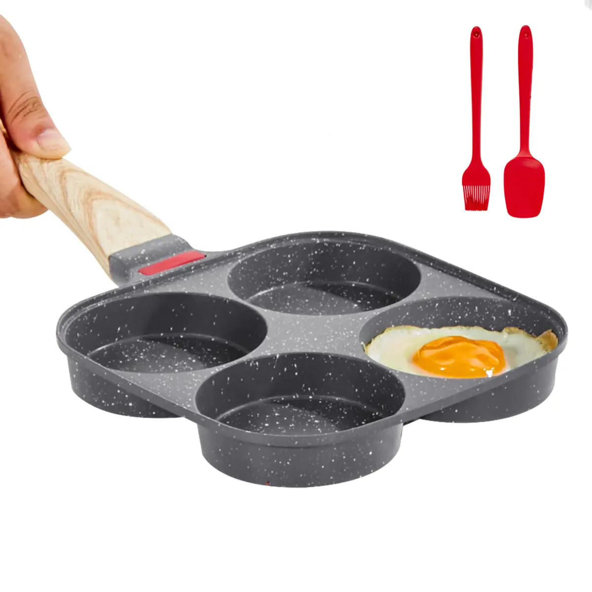 4-Cup Non-Stick Aluminum Egg Frying Pan with Lid, Oil Brush, Scraper - Induction & Gas Stove Compatible for Omelettes, Pancakes